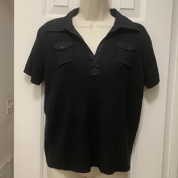 August Silk Womens XL V Neck Collared Ribbed Top Black Stretch Pockets - Picture 1 of 5
